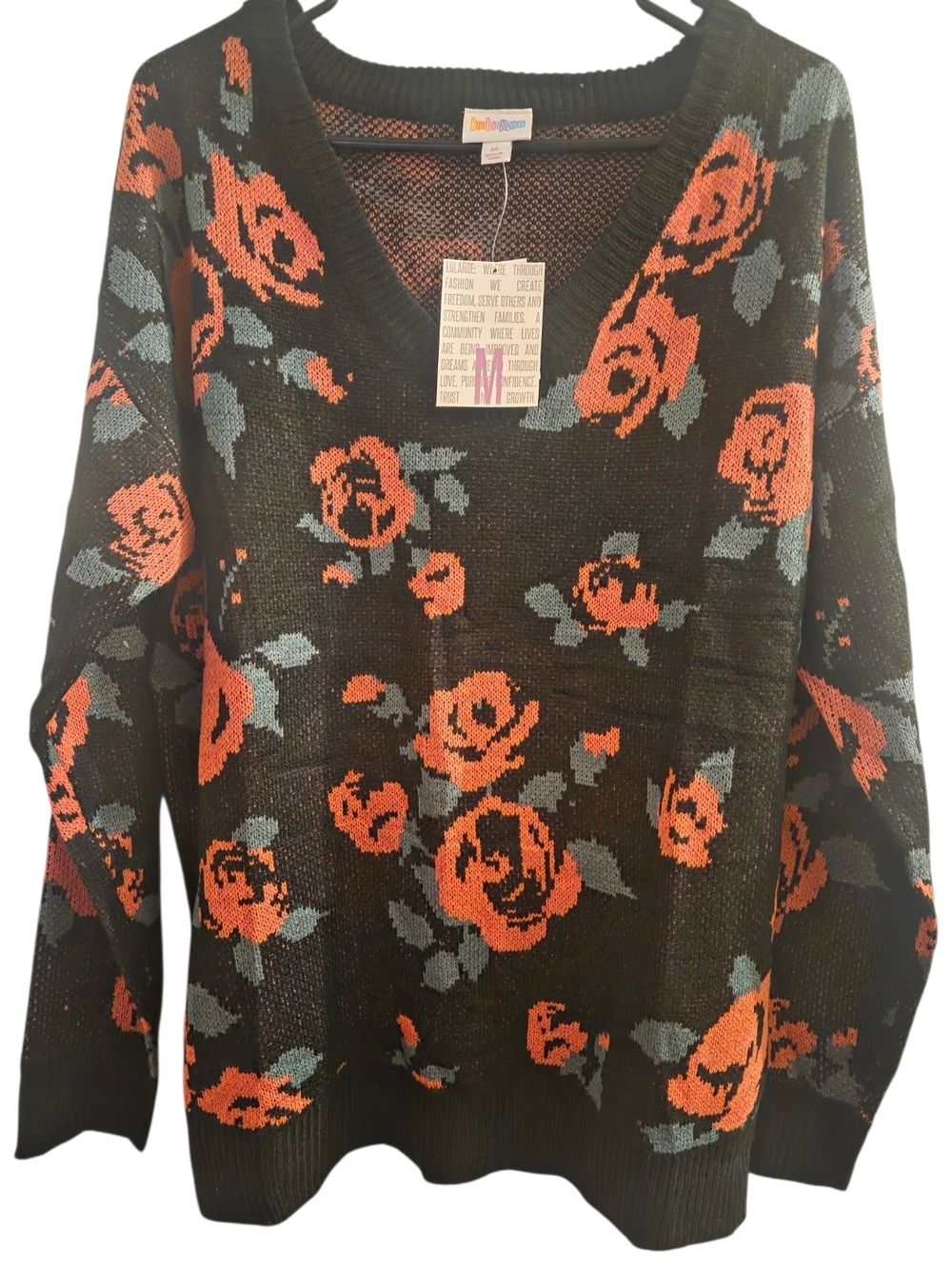 LuLaRoe Black V-Neck Sweater with Coral Rose Pattern